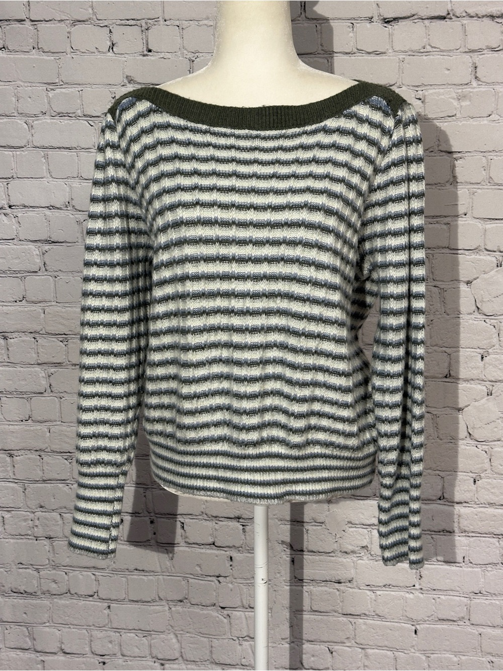 Nine West Striped Scoop-Neck Sweater in White and Olive Green
